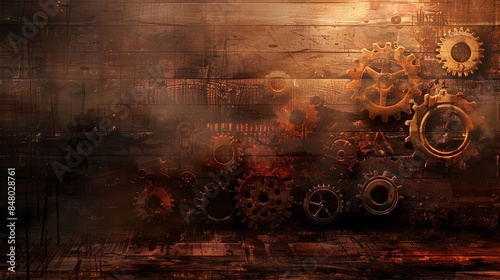 Abstract steampunk background with intricate gears and cogs on a textured backdrop. photo