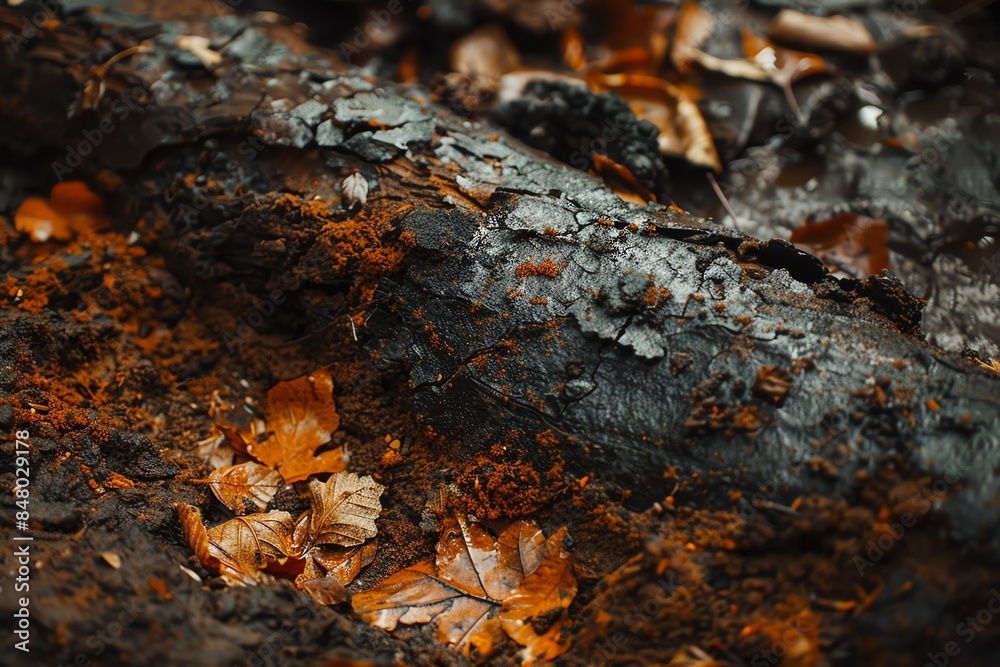 Close-up of a weathered tree trunk in the forest with fallen leaves scattered around it. Close-up of a weathered tree trunk in the forest with fallen leaves scattered around it.