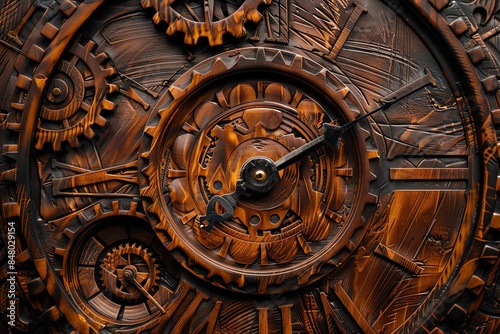 Close-up of a vintage, intricate clock face with gears and a single hand pointing towards the time. photo