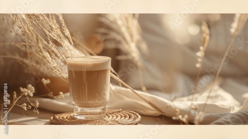 Glass of coffee on stand made of osier