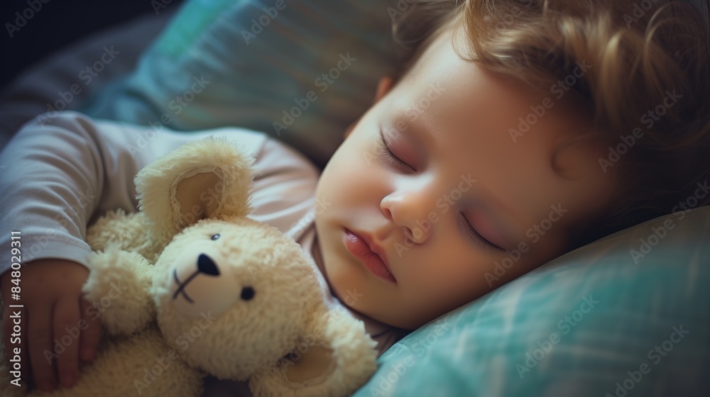 Little baby boy sleeping with a toy bear