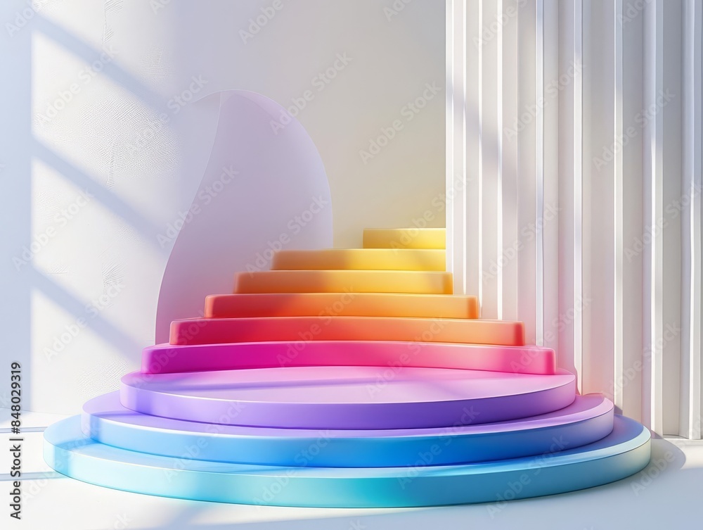 Obraz premium Clean clay podium with a gradient of rainbow clay colors, clear white studio background, ideal for a joyful 3D product sale scene
