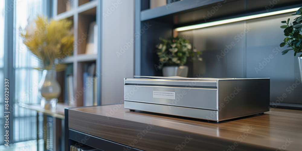 Fototapeta premium A sleek, modern printer on a wooden office desk with bookshelves and plants in the background, highlighting office equipment.