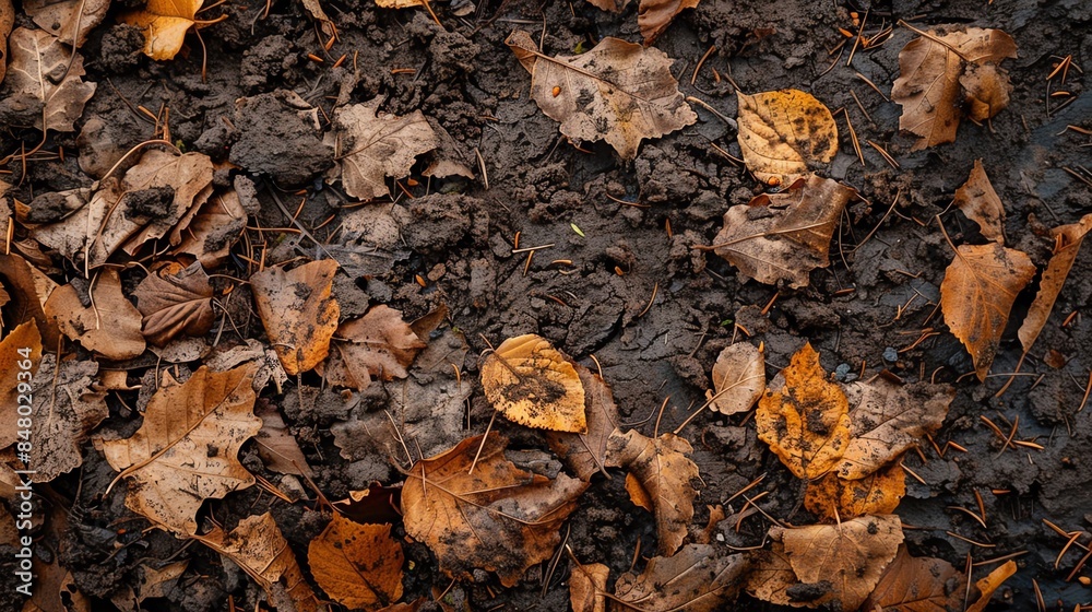 Close-up of damp soil covered with fallen autumn leaves. Close-up of damp soil covered with fallen autumn leaves.