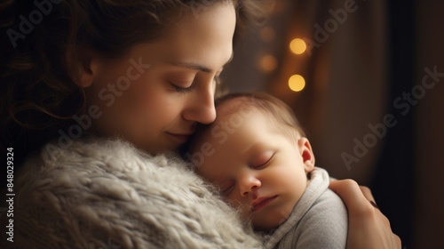 A small newborn baby sleeps in mom's arms at home