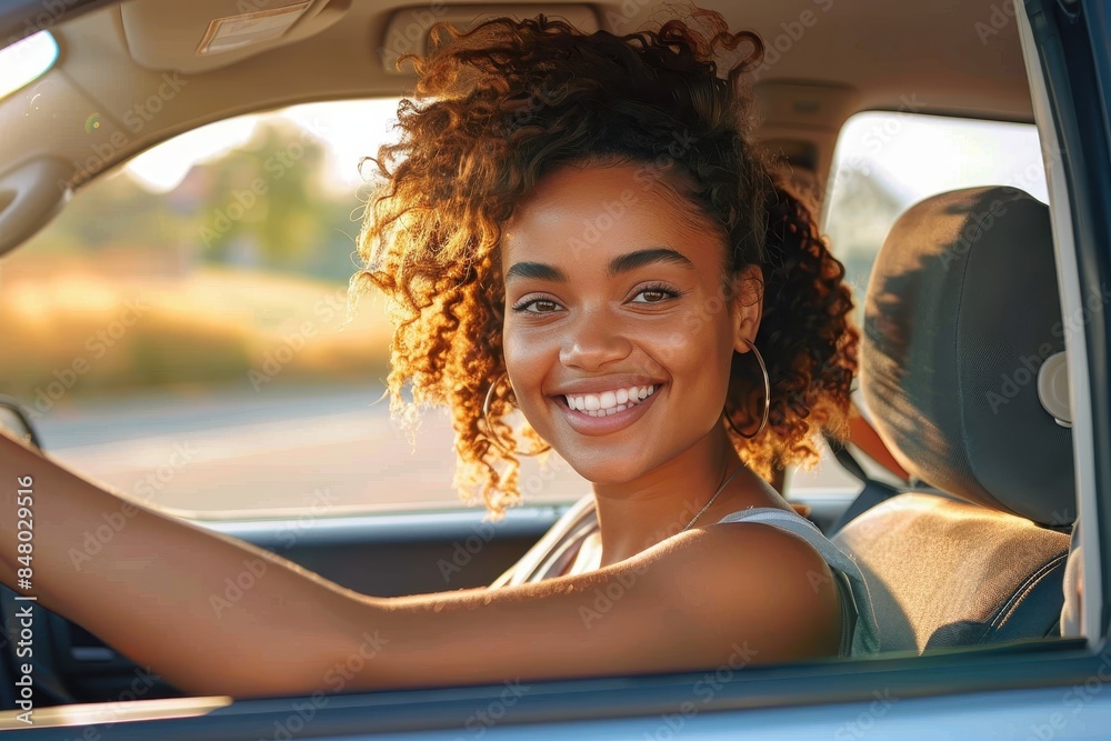 Joyful young woman with curly hair driving a car while looking at the ...