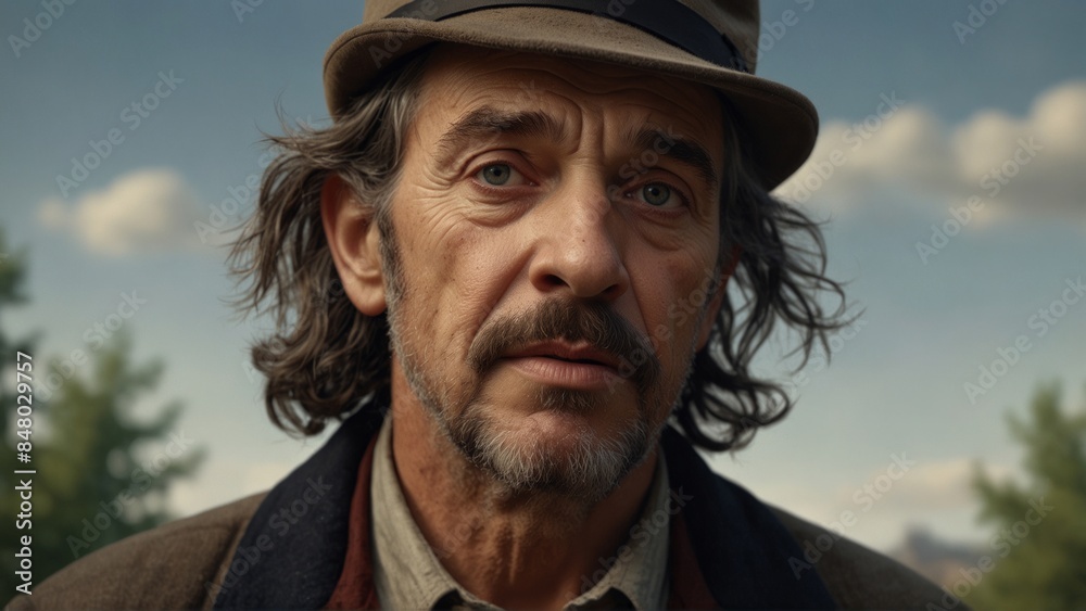 Thoughtful Man in Hat Outdoors