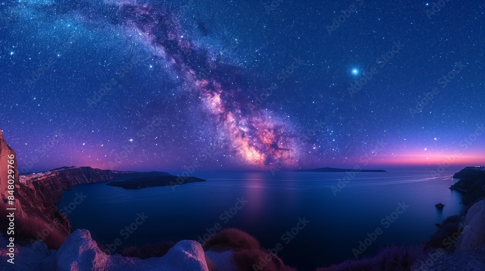 Serene Santorini Dark Sky Night with Milky Way Over Dark Sky Reserve, Greece Serene Santorini Dark Sky Night with Milky Way Over Dark Sky Reserve, Greece