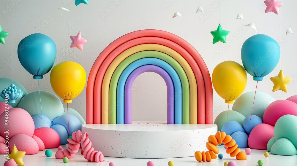 Clean clay podium with rainbow clay party elements, bright white studio background, festive and lively 3D product sale display Clean clay podium with rainbow clay party elements, bright white studio background, festive and lively 3D product sale display