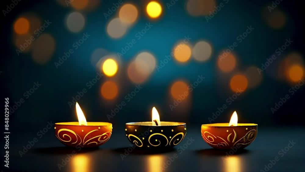 Video of colorful clay Diya lamps lit during Diwali celebration with glittering bokeh. Diwali background. Space for text. Video of colorful clay Diya lamps lit during Diwali celebration with glittering bokeh. Diwali background. Space for text.