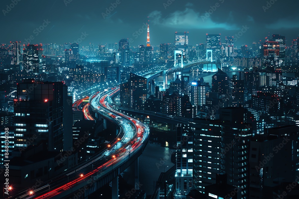 Nighttime aerial view of a bustling city with a highway winding through the cityscape. Nighttime aerial view of a bustling city with a highway winding through the cityscape.