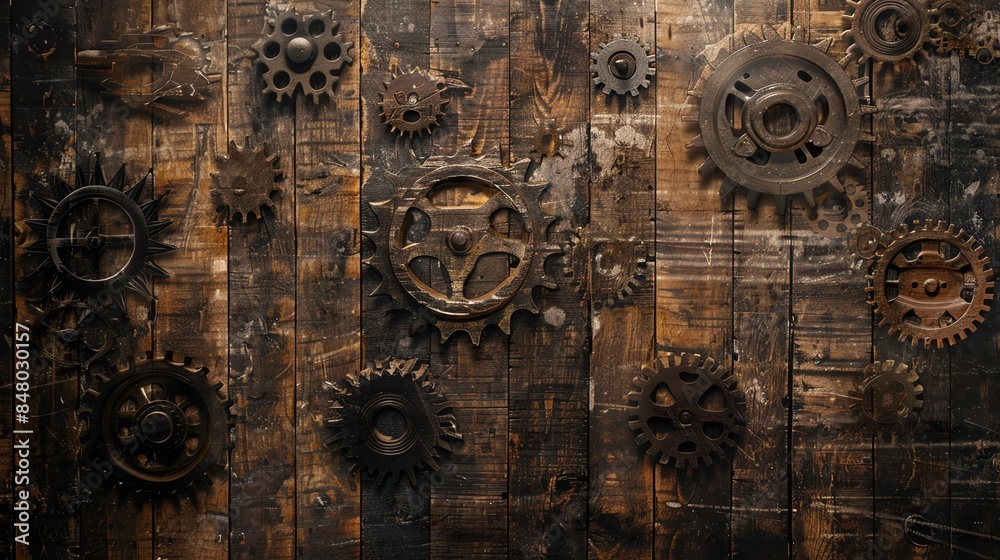 Rustic wooden background with assorted rusty gears. Industrial and vintage texture. Rustic wooden background with assorted rusty gears. Industrial and vintage texture.