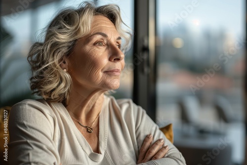 An elegant woman with gray hair is sitting by a window in a cafe, with her arms crossed and looking contemplatively outside photo