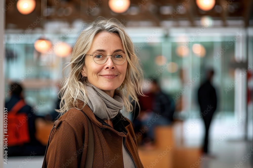 A positive mature woman wearing chic casual clothes and eyeglasses, standing indoors with a smile A positive mature woman wearing chic casual clothes and eyeglasses, standing indoors with a smile