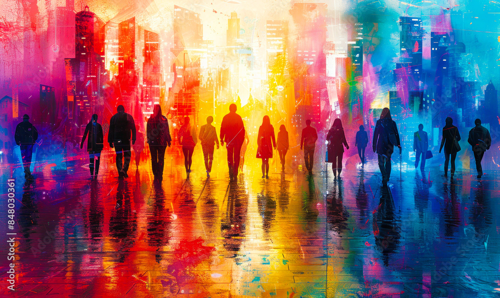 Silhouetted diverse people navigating a colorful, abstract cityscape, representing the importance of accessible and inclusive urban environments for all individuals Silhouetted diverse people navigating a colorful, abstract cityscape, representing the importance of accessible and inclusive urban environments for all individuals