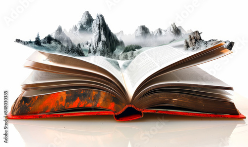 Fantasy Landscape Emerging from Open Book on White Background - Conceptual Image for Magical Realism and Storytelling photo