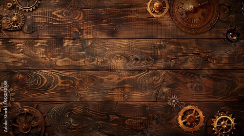 Steampunk gears and cogs scattered on a rustic wooden background. Perfect for fantasy, industrial, or vintage design projects.