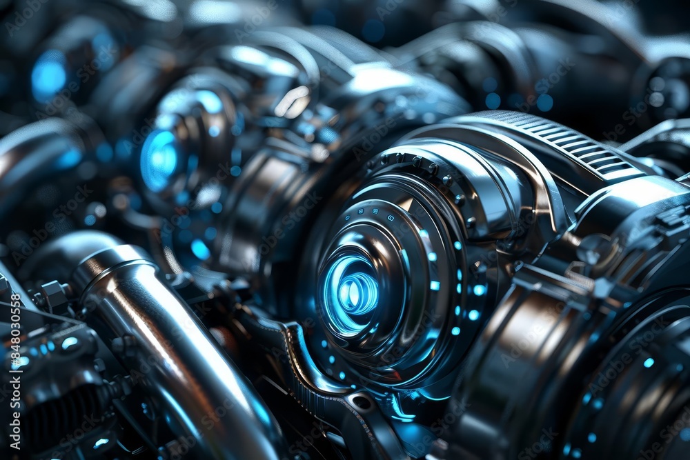Futuristic engine with sleek design, metallic textures, hightech, digital rendering Futuristic engine with sleek design, metallic textures, hightech, digital rendering