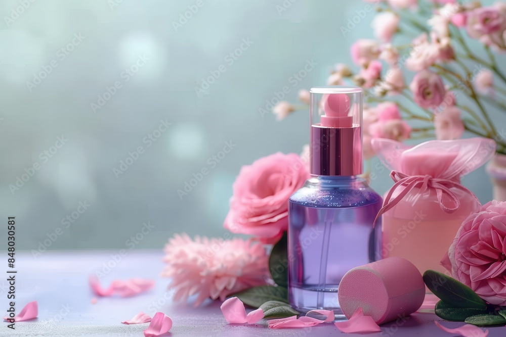 Skincare and perfume products elegantly displayed among pink roses and petals on a soft purple backdrop Skincare and perfume products elegantly displayed among pink roses and petals on a soft purple backdrop