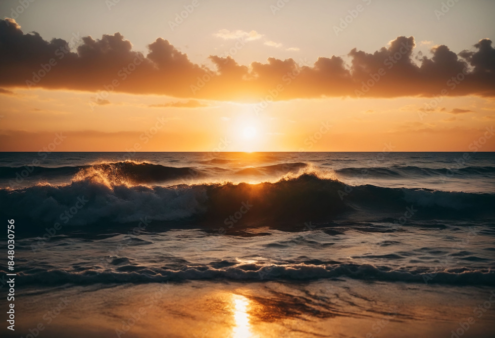 Magical beautiful sunset on the beach. the sun dives into the golden waves. incredible sea landscape. Seascape, Summer and travel vacation concept Magical beautiful sunset on the beach. the sun dives into the golden waves. incredible sea landscape. Seascape, Summer and travel vacation concept