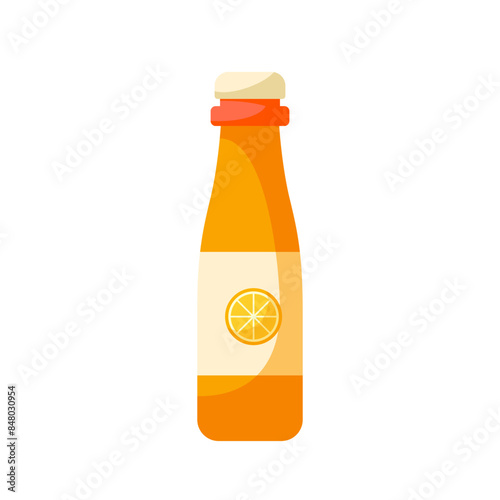 Cold drink in glass bottle. Bottle with orange juice, soda inside. Fresh summer drink.