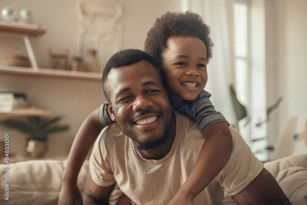 Obraz premium Nice young mixed-race dad and his gorgeous youngster cuddling on a sofa in their living room. Dad and son bonding and showing affection. Male child and single parent in the lounge
