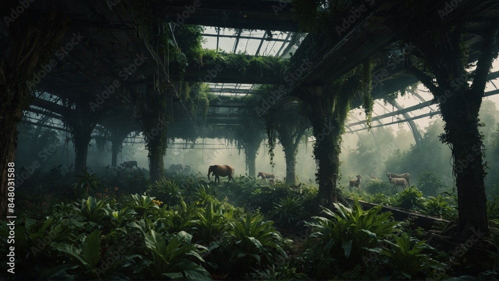 Abandoned greenhouse overgrown with vegetation and horses