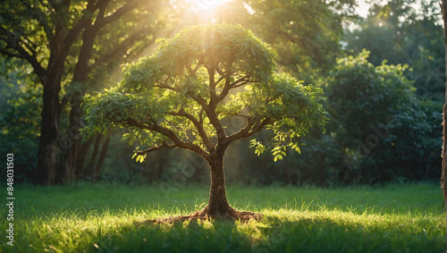 Ggreen plant tree in the rays of the sun. Ecology and farming concept photo