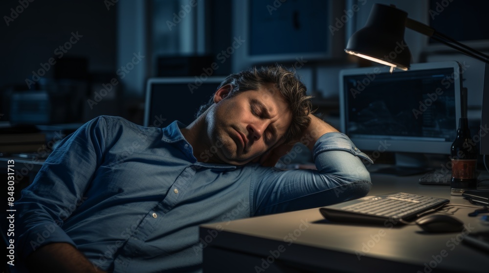 One Hispanic contact center telemarketer asleep at office. Businessman struggling with helpdesk fatigue and demotivation. Consultant napping and neglecting customers. Stress and burnout at work One Hispanic contact center telemarketer asleep at office. Businessman struggling with helpdesk fatigue and demotivation. Consultant napping and neglecting customers. Stress and burnout at work