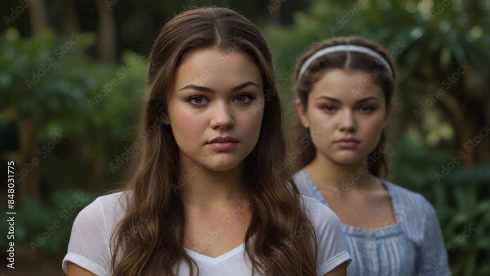 Two young women standing outdoors in a lush environment Two young women standing outdoors in a lush environment