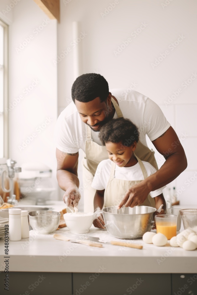 Cute black youngster with afro baking in the kitchen with his dad. Black man smiling at his cute youngster while combining ingredients and instructing him to bake. Best family bonding Cute black youngster with afro baking in the kitchen with his dad. Black man smiling at his cute youngster while combining ingredients and instructing him to bake. Best family bonding