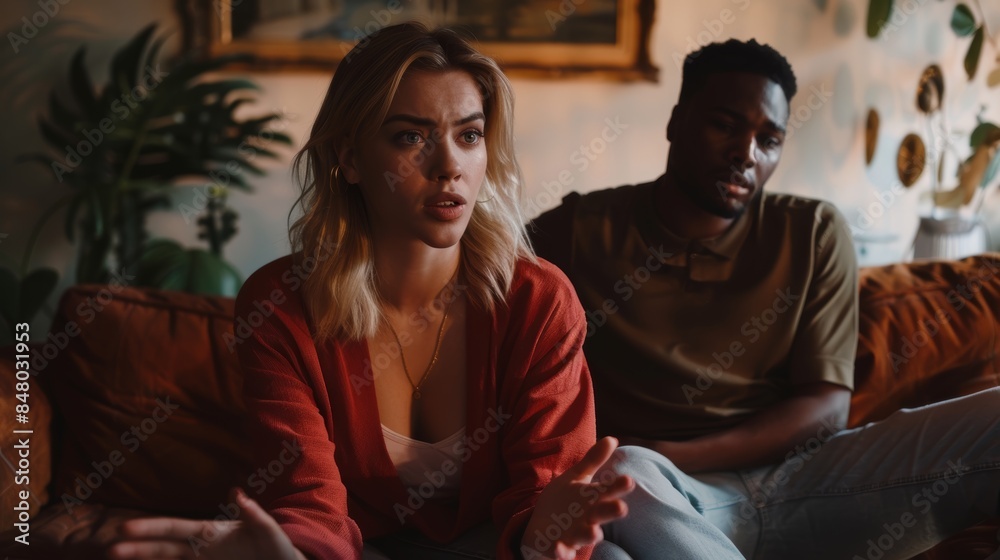 Frustrated interracial couple on therapy sofa. Couch dwellers feeling anxiety from divorce conversation are tired, stressed, and married. Frustrated interracial couple on therapy sofa. Couch dwellers feeling anxiety from divorce conversation are tired, stressed, and married.