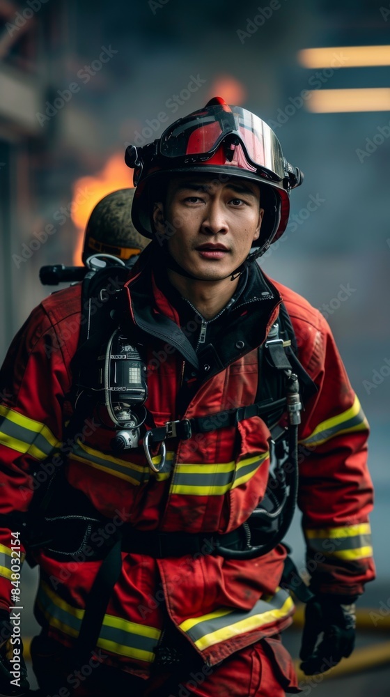 A firefighter wearing protective gear during a fire incident A firefighter wearing protective gear during a fire incident
