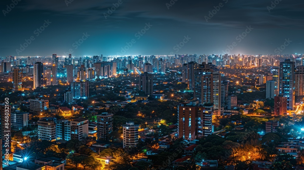 Aerial view of city at night with glowing lights Aerial view of city at night with glowing lights