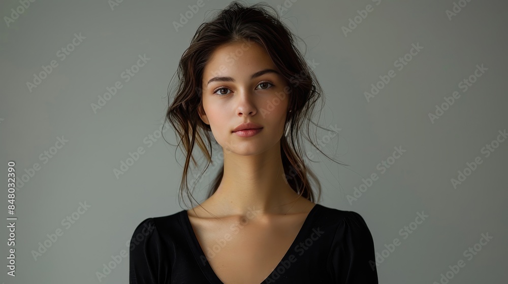 Minimalist fashion shoot with a model wearing a sleek black dress on a neutral background Minimalist fashion shoot with a model wearing a sleek black dress on a neutral background