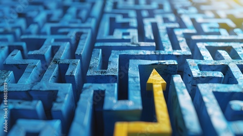 Yellow arrow navigating a challenging blue maze, symbolizing the journey of solving complex problems photo