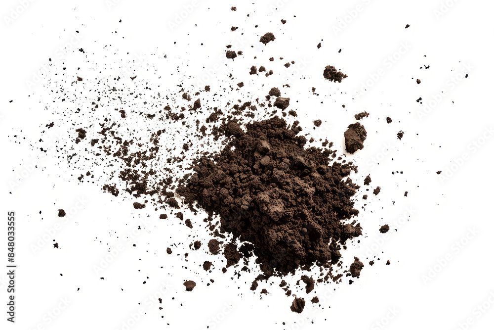 flying and scattered soil dirt in the air, isolated on a clean white background, flying and scattered soil dirt in the air, isolated on a clean white background,