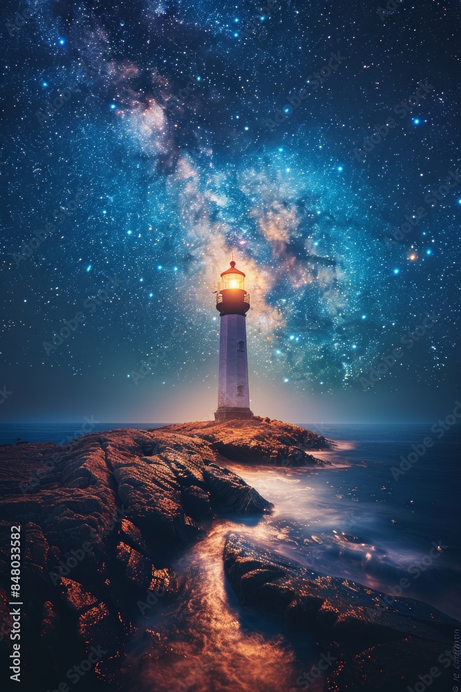 Lighthouse shining under a starry night sky, casting light across the calm sea with mystical celestial charm. Lighthouse shining under a starry night sky, casting light across the calm sea with mystical celestial charm.