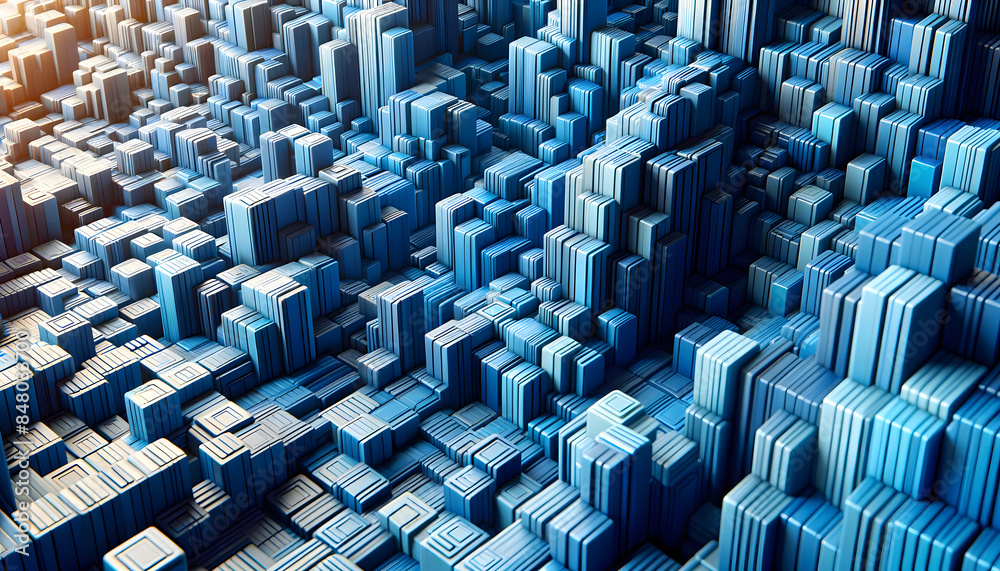 Obraz premium surreal image of abstract, blue rectangular shapes densely packed and stacked vertically.