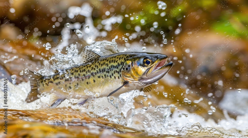 A vibrant trout leaps out of a flowing stream, showcasing the beauty of wildlife and the energy of nature in pristine aquatic surroundings. A vibrant trout leaps out of a flowing stream, showcasing the beauty of wildlife and the energy of nature in pristine aquatic surroundings.