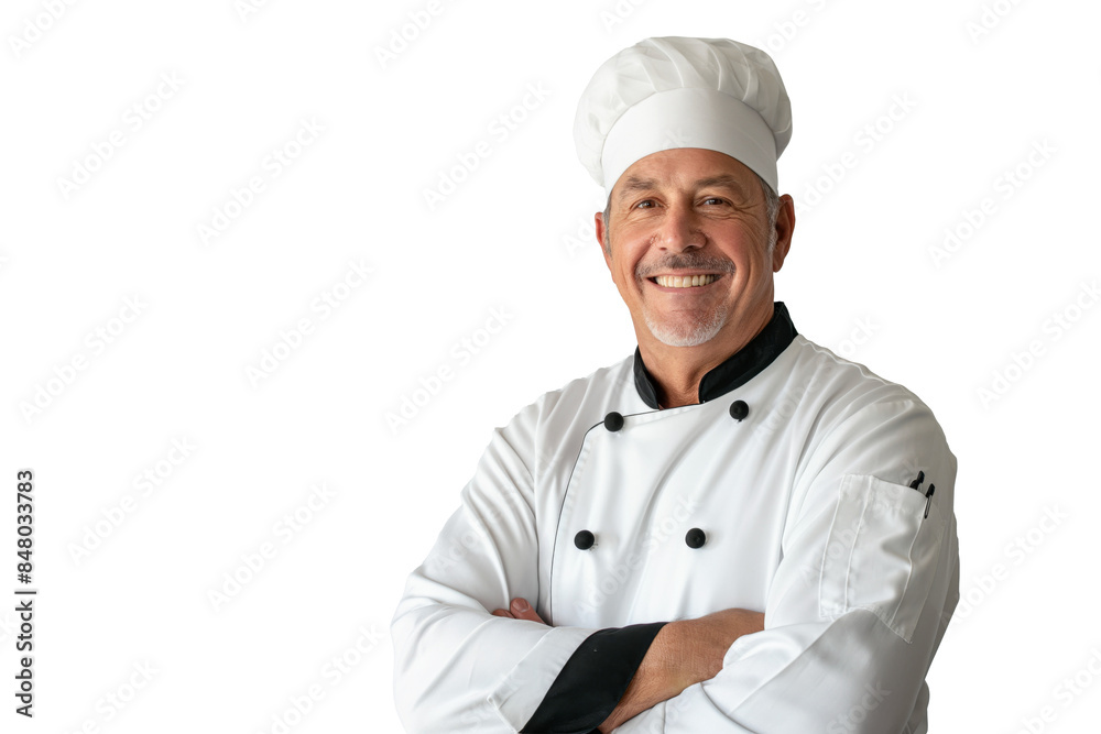Smiling Senior Chef in White Uniform and Hat on White Background Smiling Senior Chef in White Uniform and Hat on White Background
