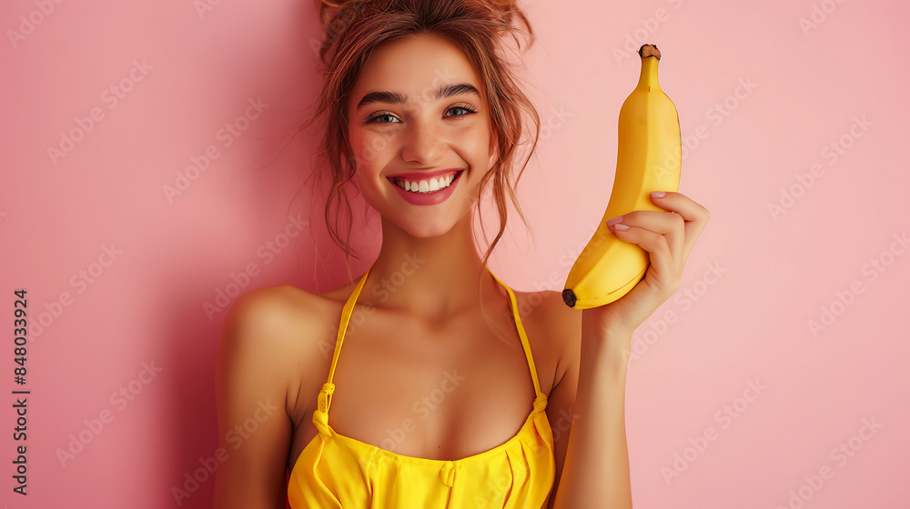 Smiling woman in yellow holding a banana against pink background healthy lifestyle fresh fruit happiness vibrant summer cheerful portrait healthy eating concept
Smiling woman in yellow holding a banana against pink background healthy lifestyle fresh fruit happiness vibrant summer cheerful portrait healthy eating concept