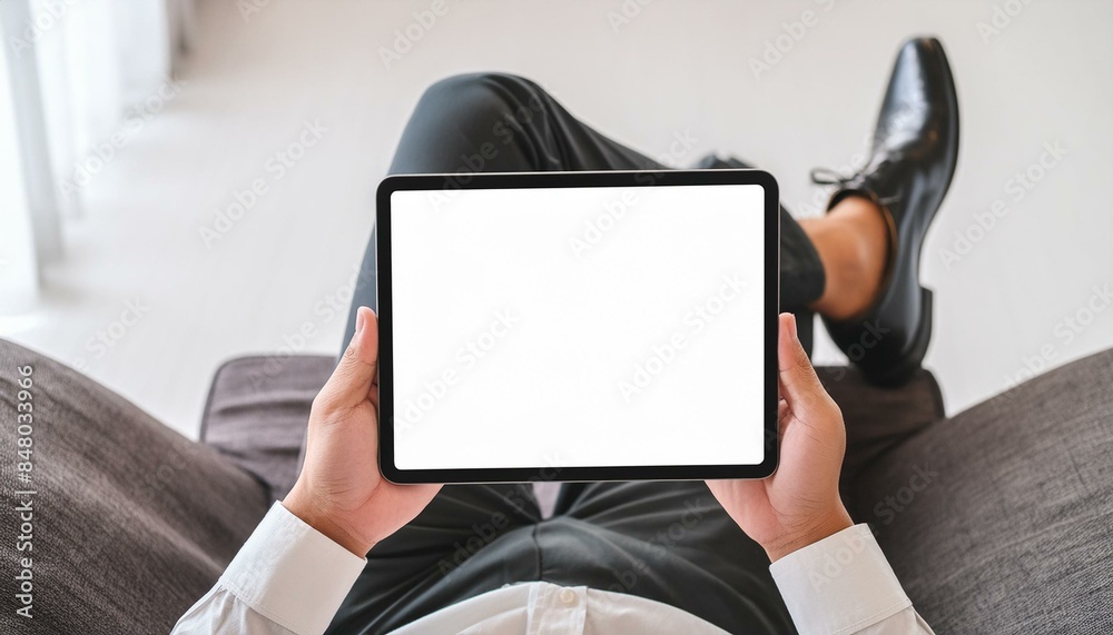 An image portrays a businessman reclining at home holding a black tablet PC featuring An image portrays a businessman reclining at home holding a black tablet PC featuring