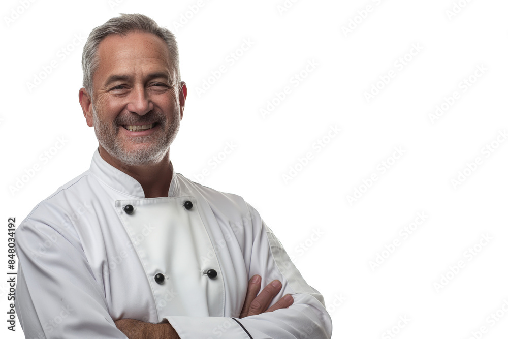 Smiling Senior Chef in White Uniform with Arms Crossed on White Background
