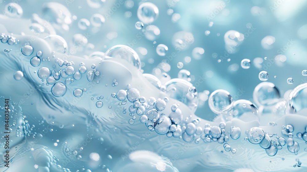 Elegant Abstract Background with White and Blue Bubbles for Cosmetic or Beauty Product Advertising, Featuring Soft Light Reflections and Luxurious Foam Texture in a Transparent Sphere Design. Elegant Abstract Background with White and Blue Bubbles for Cosmetic or Beauty Product Advertising, Featuring Soft Light Reflections and Luxurious Foam Texture in a Transparent Sphere Design.