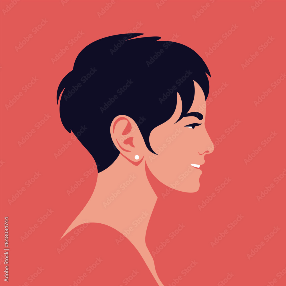 The face of a smiling Asian woman in profile with a short haircut. Side view. Vector flat illustration The face of a smiling Asian woman in profile with a short haircut. Side view. Vector flat illustration