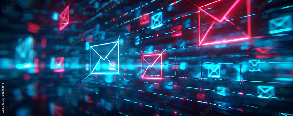 Futuristic Vibrant digital email communication artwork showcasing multiple neon email icons floating amidst a matrix of binary code. Futuristic Vibrant digital email communication artwork showcasing multiple neon email icons floating amidst a matrix of binary code.