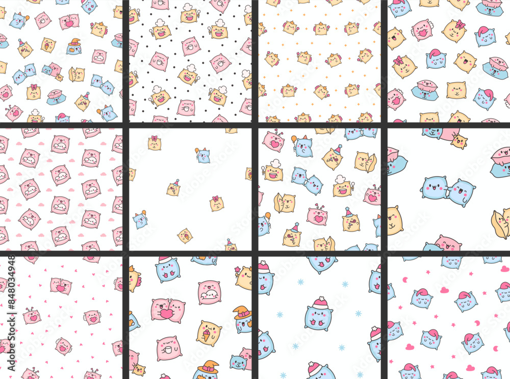 Kawaii pillow with cute face. Seamless pattern. Cartoon happy character. Hand drawn style. Vector drawing. Collection of design ornaments.