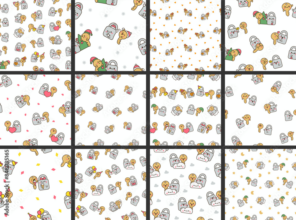 Cute kawaii padlock and key. Seamless pattern. Couple cartoon character. Hand drawn style. Vector drawing. Collection of design ornaments. Cute kawaii padlock and key. Seamless pattern. Couple cartoon character. Hand drawn style. Vector drawing. Collection of design ornaments.