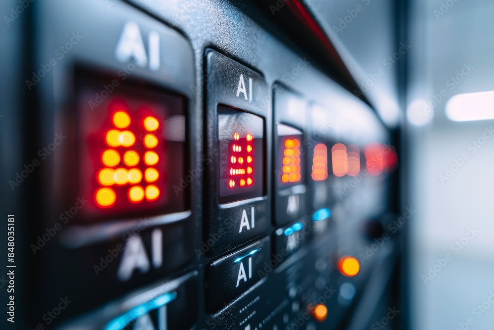 Close up of AI server rack with illuminated indicators in a dark data center, representing cutting edge artificial intelligence technology in a secure environment. Close up of AI server rack with illuminated indicators in a dark data center, representing cutting edge artificial intelligence technology in a secure environment.